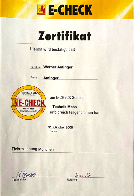 E Check Zertifikat von Aufinger Elektrotechnik Peißenberg
